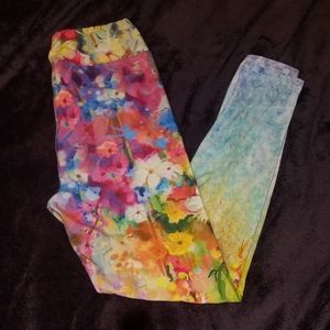 Yoga Waist Spring Floral Print Watercolor Faded Leggings